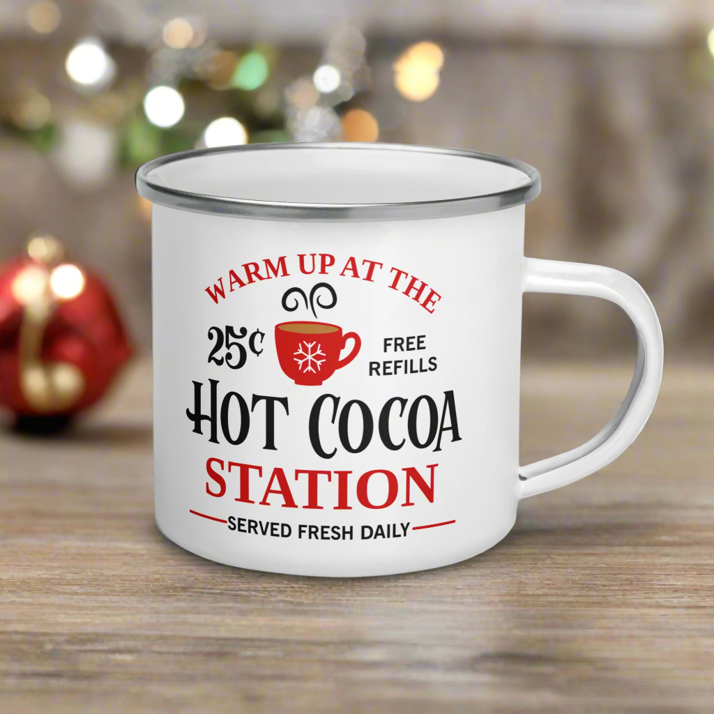 Warm Up At The Hot Cocoa Station Christmas Hot Chocolate Camping Enamel Mug