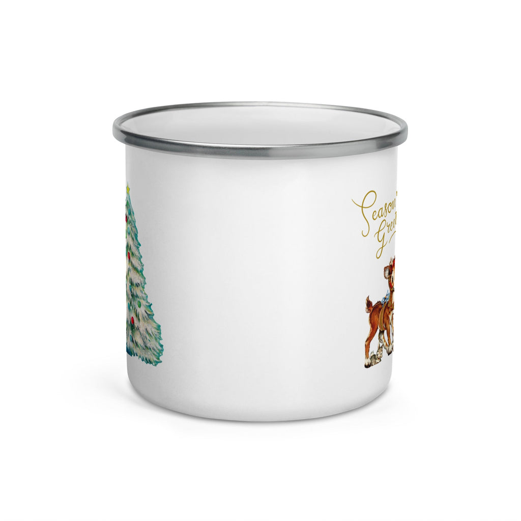 Christmas Reindeer And Bunny Mid Century Retro Christmas Print Hot Chocolate Camping Enamel Mug