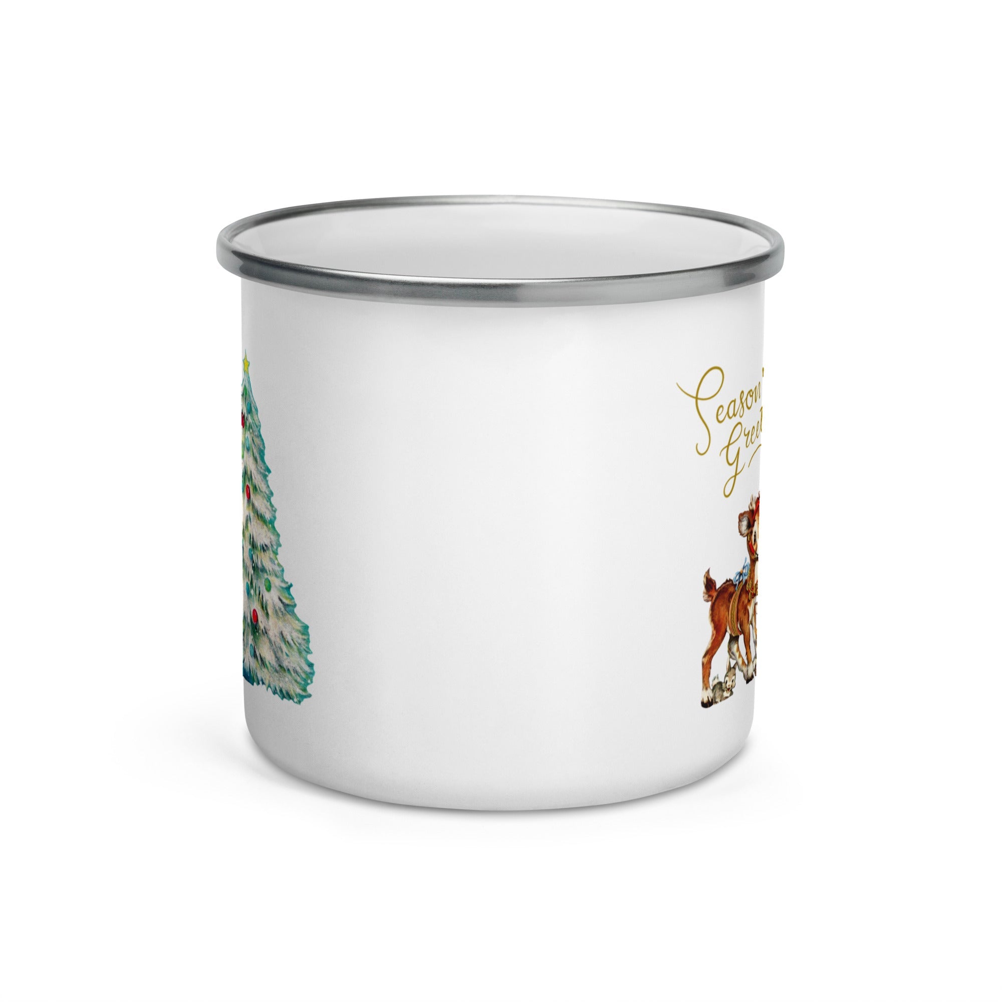 Christmas Reindeer And Bunny Mid Century Retro Christmas Print Hot Chocolate Camping Enamel Mug