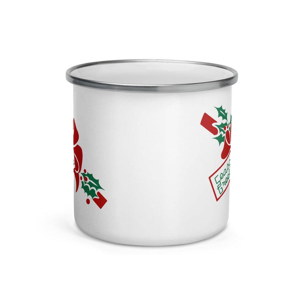 Seasons Greetings Bow Mid Century Retro Christmas Print Hot Chocolate Camping Enamel Mug