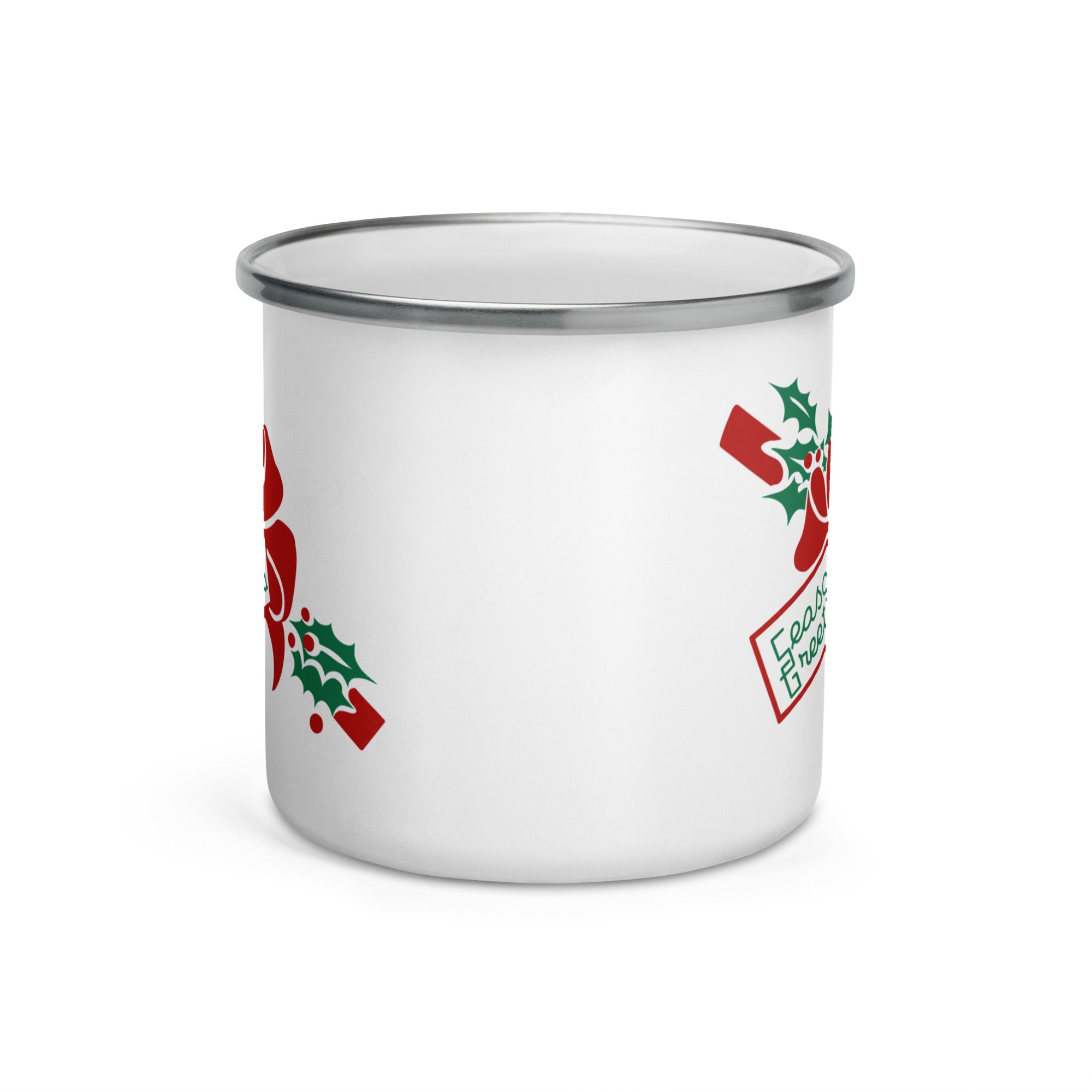 Seasons Greetings Bow Mid Century Retro Christmas Print Hot Chocolate Camping Enamel Mug