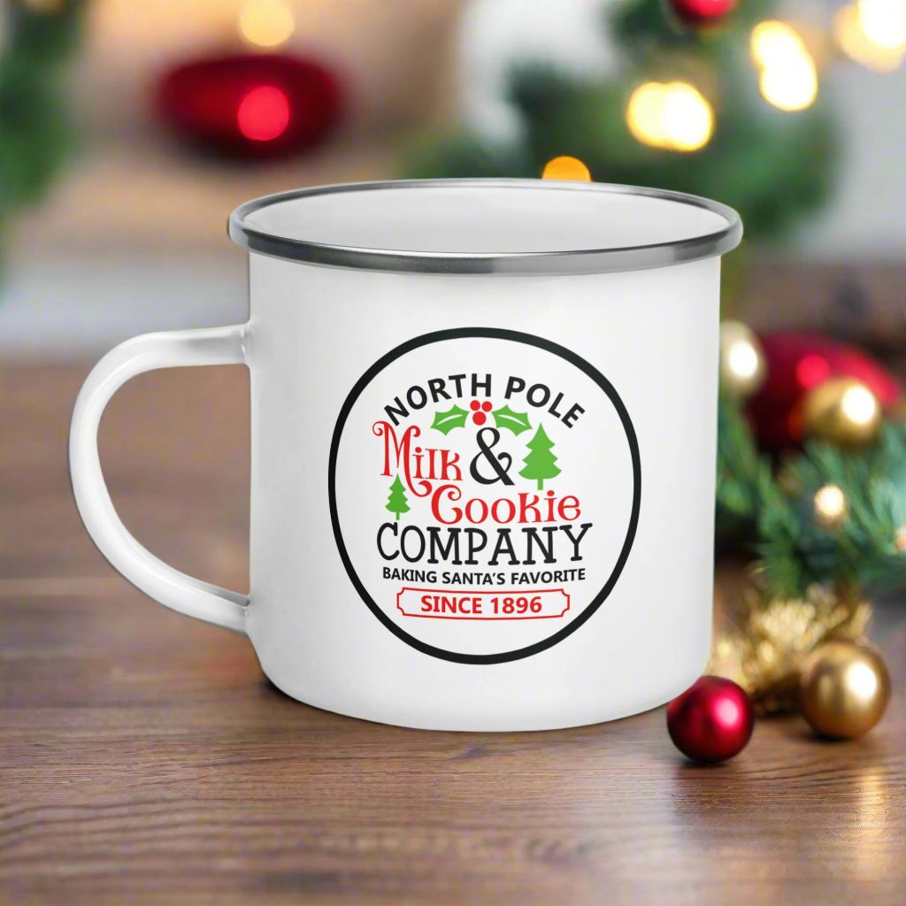 North Pole Milk & Cookie Company Christmas Hot Chocolate Camping Enamel Mug