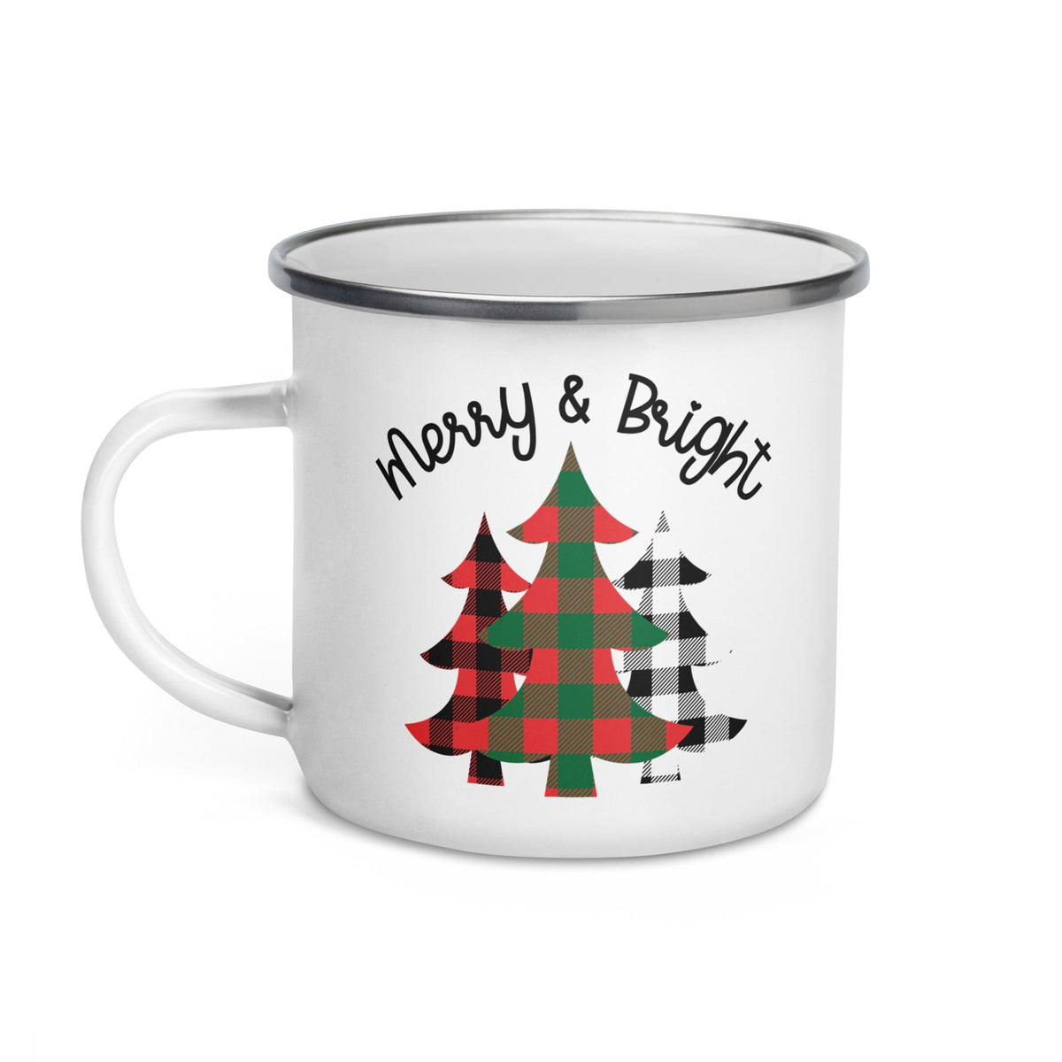 Merry And Bright Buffalo Checkered Trees Christmas Hot Chocolate Camping Enamel Mug