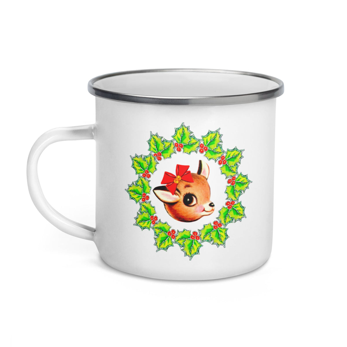 Christmas Reindeer In Holly Berry Wreath Mid Century Retro Christmas Print Hot Chocolate Camping Enamel MugChristmas