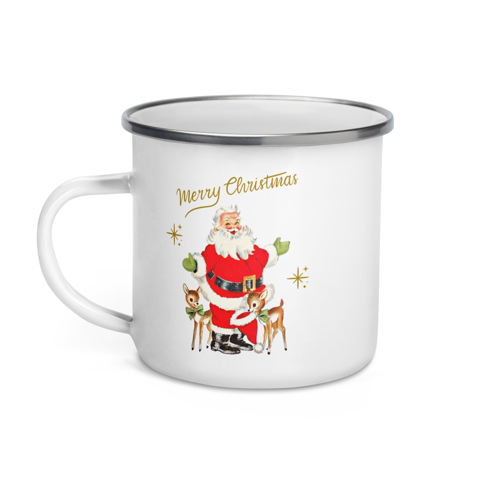 Merry Christmas Santa With Reindeer Gold Stars Mid Century Merry Christmas Enamel Hot Chocolate Camping Mug