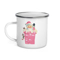 Santa In Chimney With Mice Pink Mid Century Retro Christmas Print Hot Chocolate Enamel Camping Mug