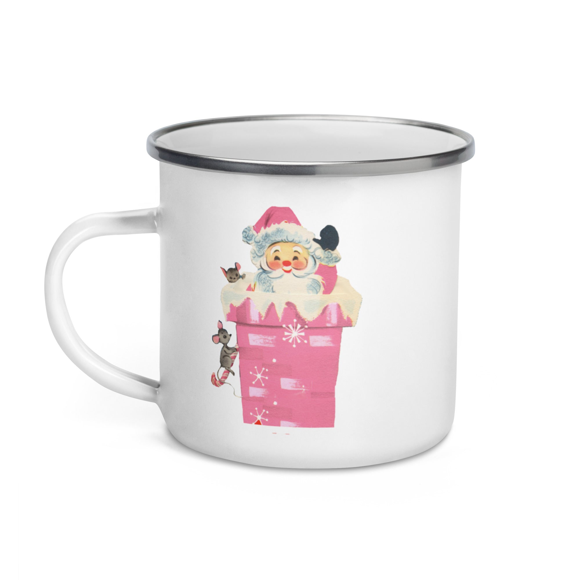 Santa In Chimney With Mice Pink Mid Century Retro Christmas Print Hot Chocolate Enamel Camping Mug