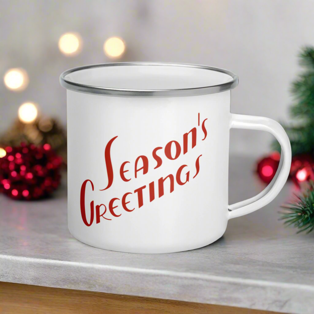 Season's Greetings Midcentury Retro Christmas Hot Chocolate Camping Enamel Mug