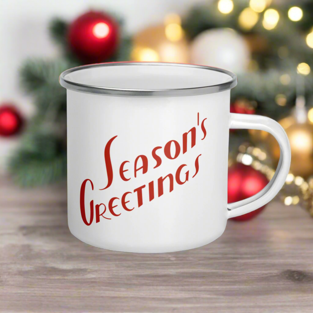 Season's Greetings Midcentury Retro Christmas Hot Chocolate Camping Enamel Mug