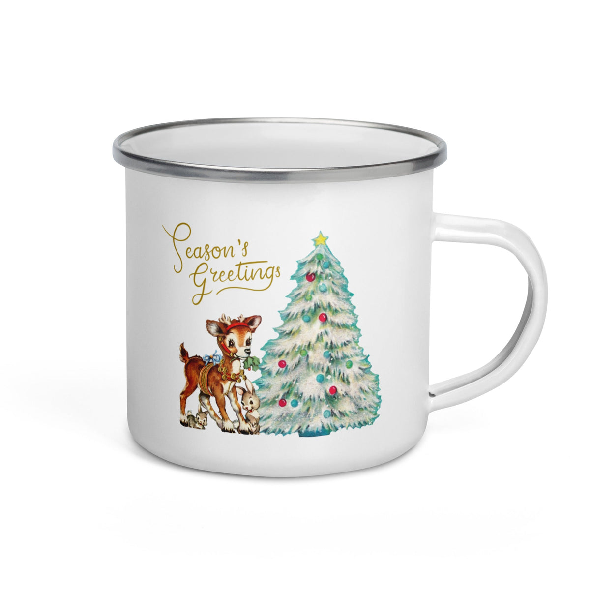Christmas Reindeer And Bunny Mid Century Retro Christmas Print Hot Chocolate Camping Enamel Mug