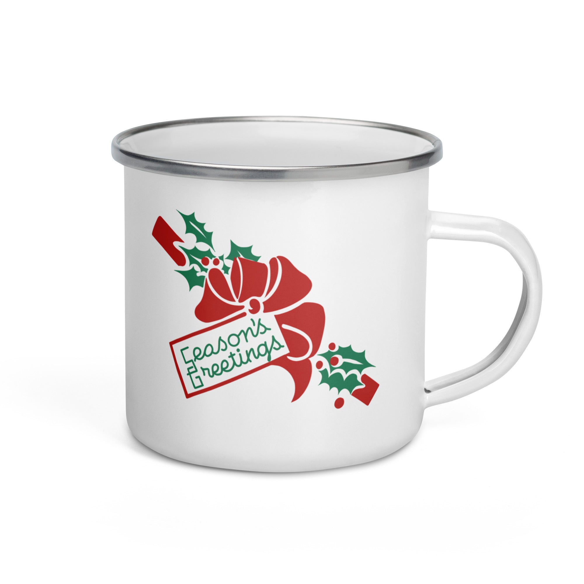 Seasons Greetings Bow Mid Century Retro Christmas Print Hot Chocolate Camping Enamel Mug