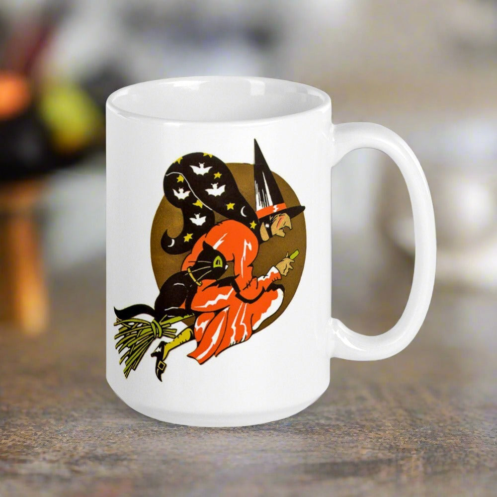 Gold Moon Halloween Witch Black Cat Retro Glossy Coffee Mug