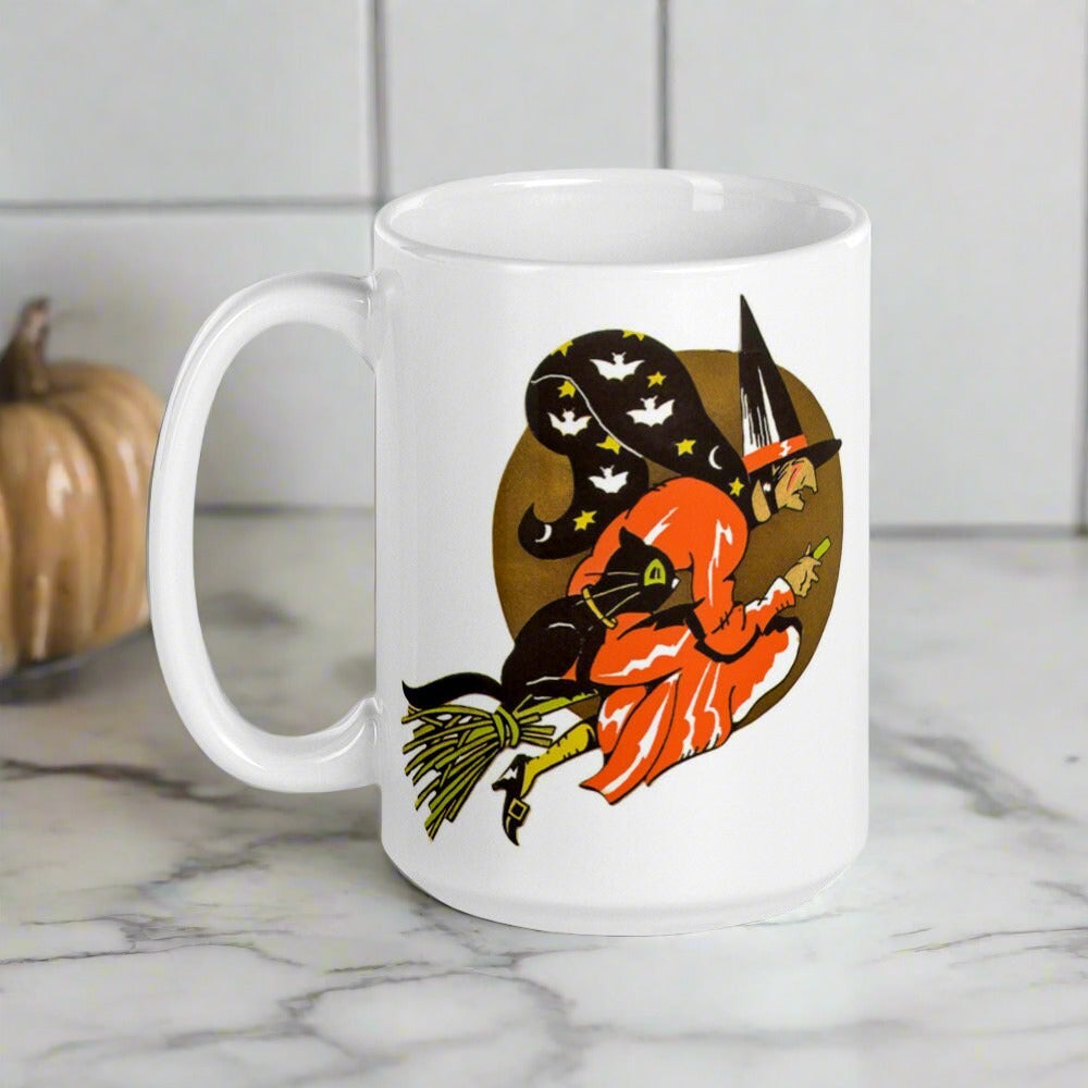 Gold Moon Halloween Witch Black Cat Retro Glossy Coffee Mug