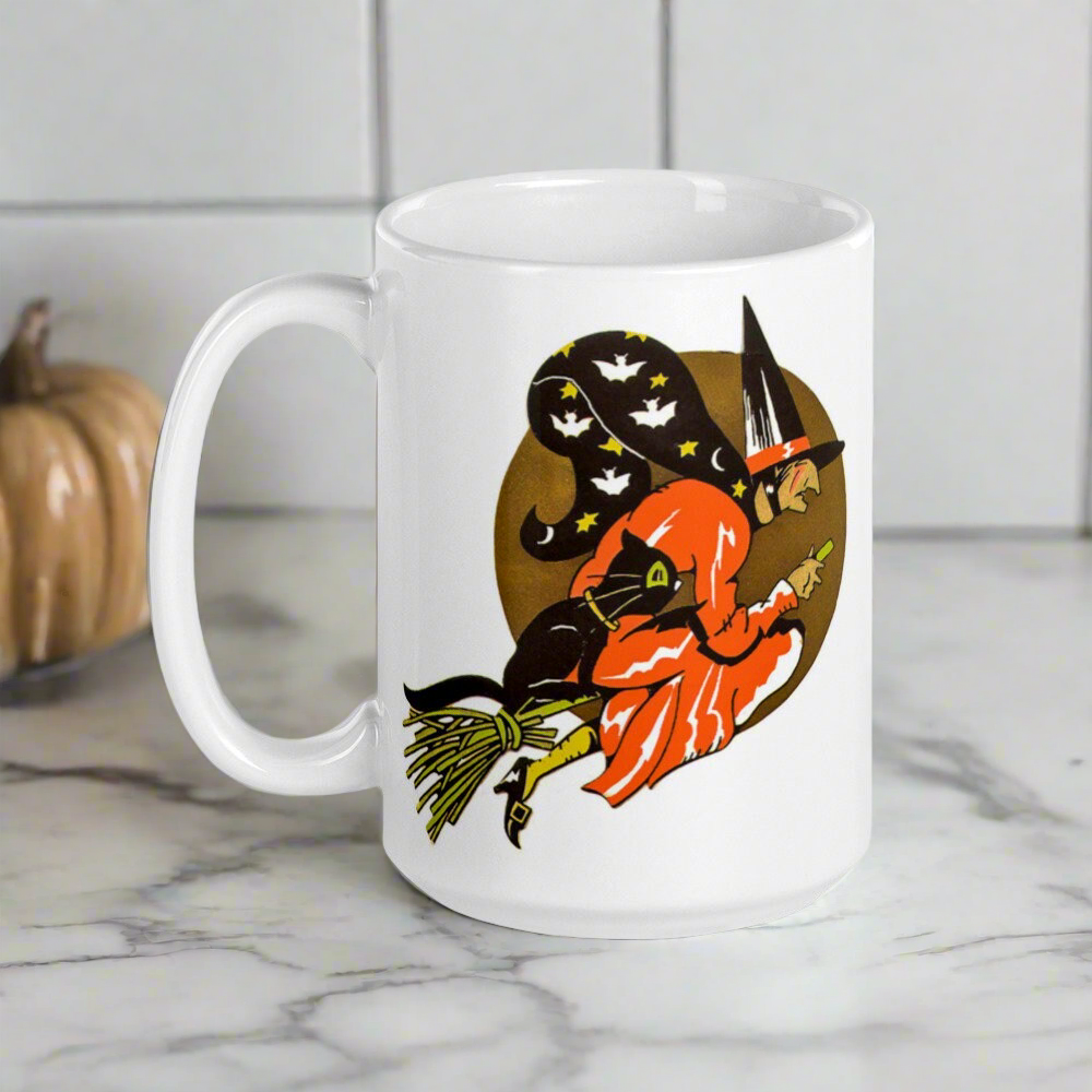 Gold Moon Halloween Witch Black Cat Retro Glossy Coffee Mug