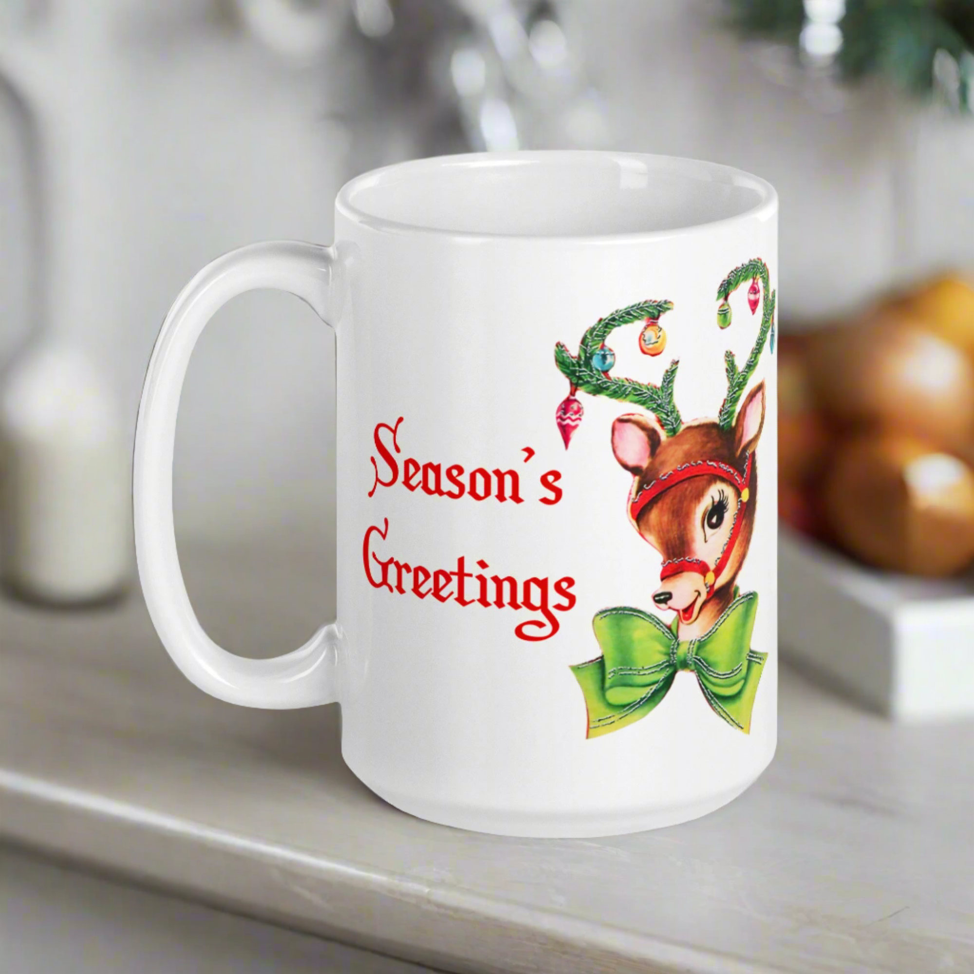 Season's Greetings Reindeer Retro Mid Century Christmas Print White Glossy Mug