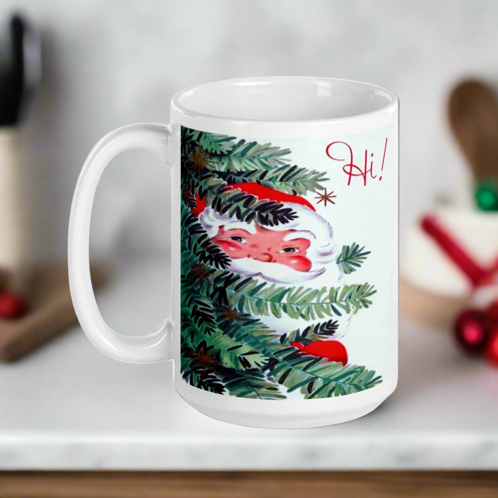 Hi! Santa In Tree Retro Vintage Glossy Coffee Mug