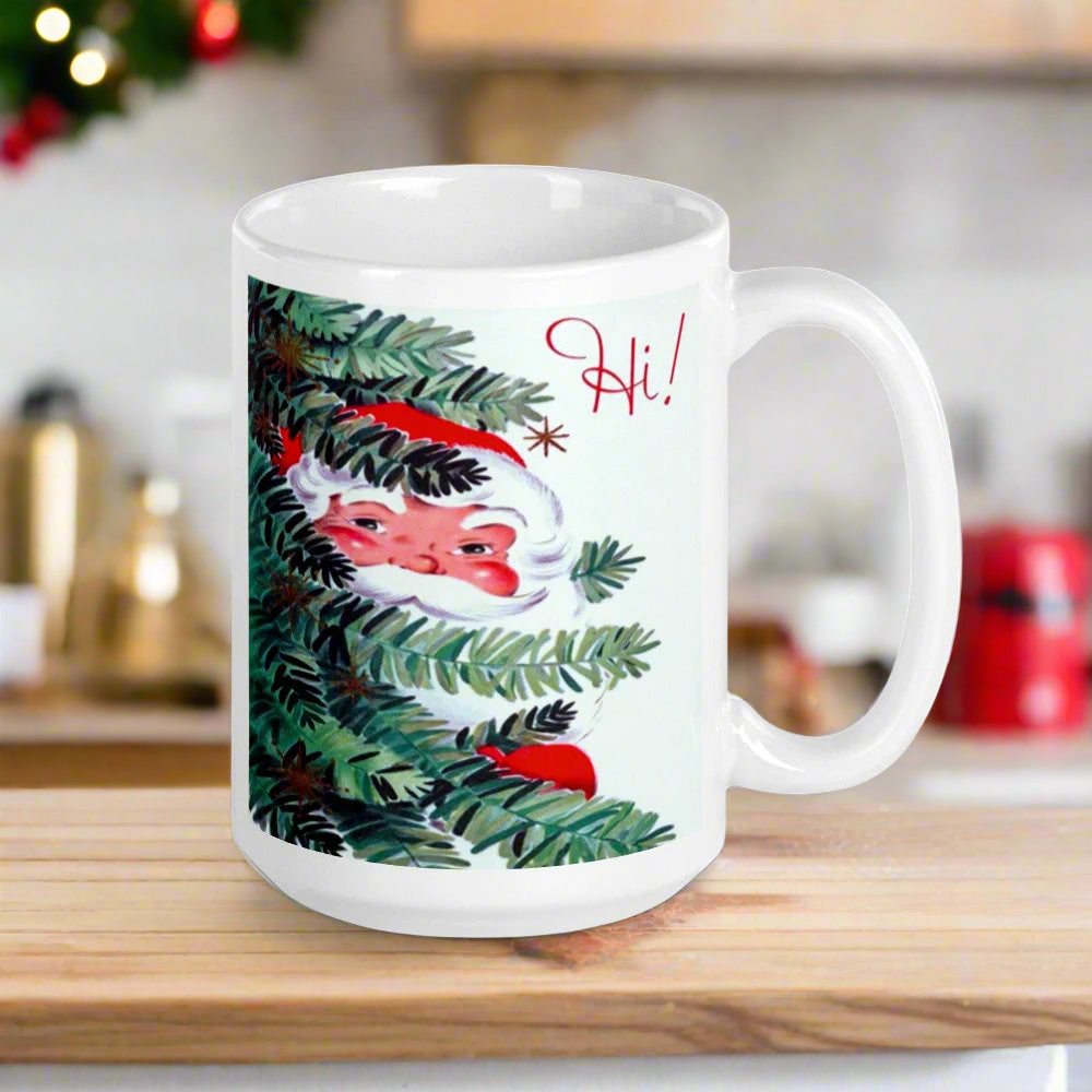 Hi! Santa In Tree Retro Vintage Glossy Coffee Mug