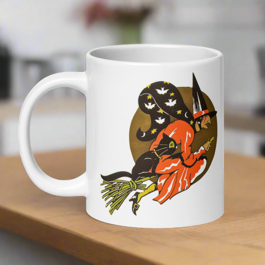 Gold Moon Halloween Witch Black Cat Retro Glossy Coffee Mug