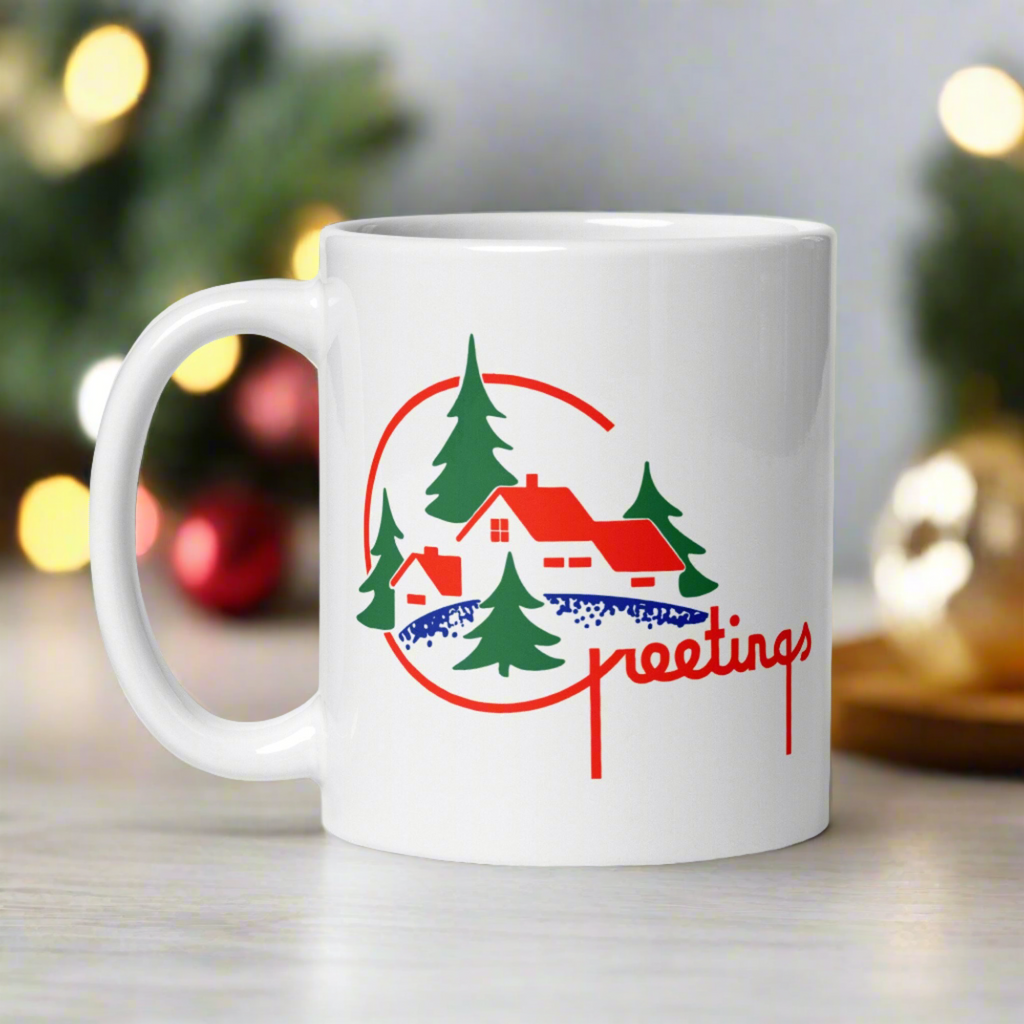 Greetings Mid Century Retro Christmas Print White Glossy Coffee Mug