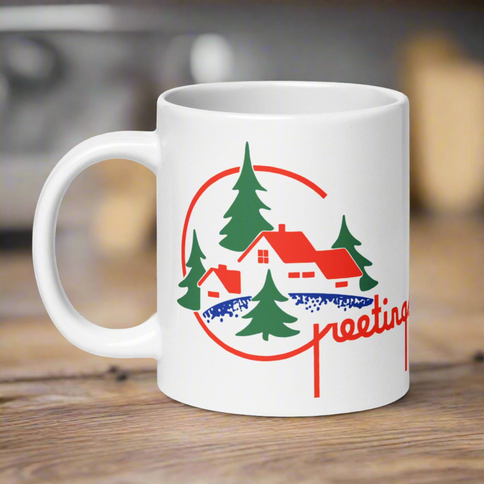 Greetings Mid Century Retro Christmas Print White Glossy Coffee Mug