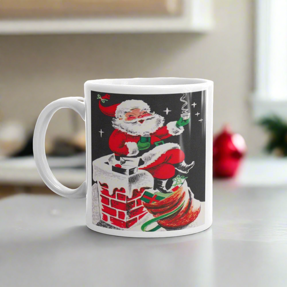 Santa On Chimney Mid Century Retro Christmas Print Glossy Mug