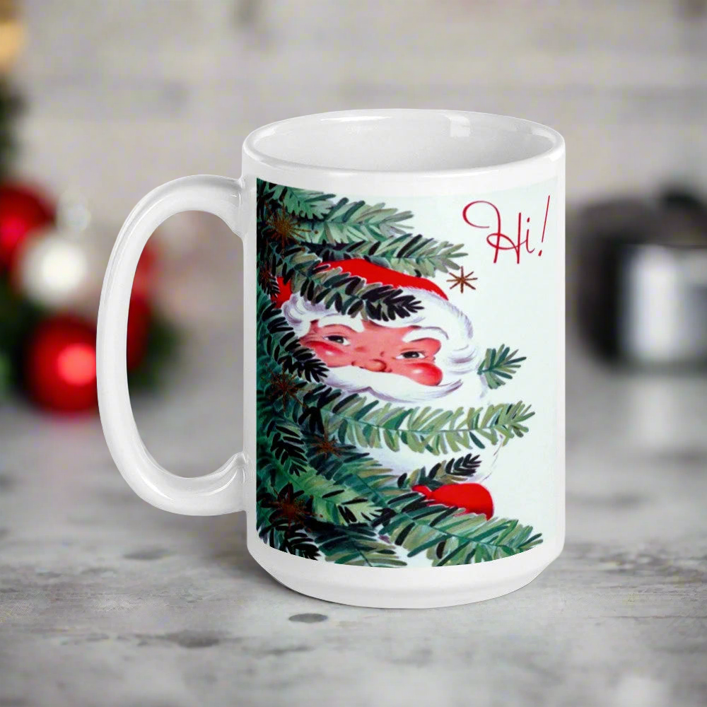 Hi! Santa In Tree Retro Vintage Glossy Coffee Mug
