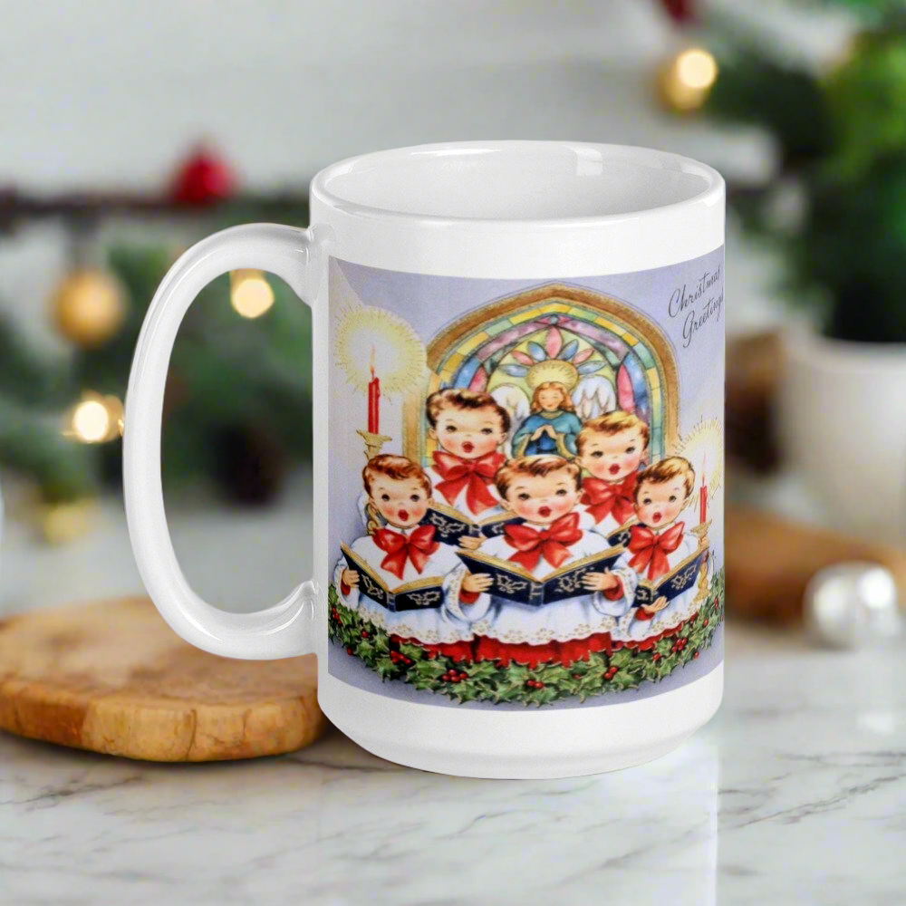 Christmas Greetings Children's Choir Of Carolers Mid Century Retro Christmas Coffee Mug