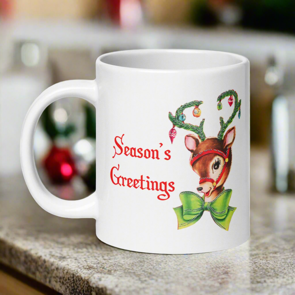 Season's Greetings Reindeer Retro Mid Century Christmas Print White Glossy Mug