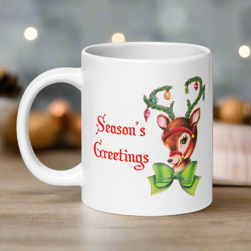 Season's Greetings Reindeer Retro Mid Century Christmas Print White Glossy Mug