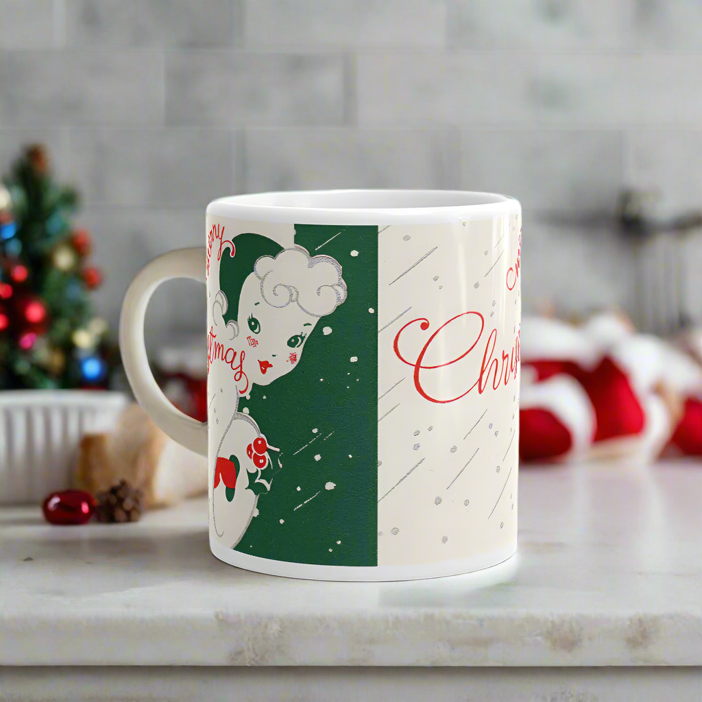 Merry Christmas Lady Mid Century Retro Christmas Print Glossy Mug