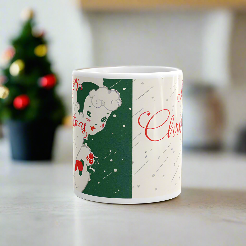 Merry Christmas Lady Mid Century Retro Christmas Print Glossy Mug