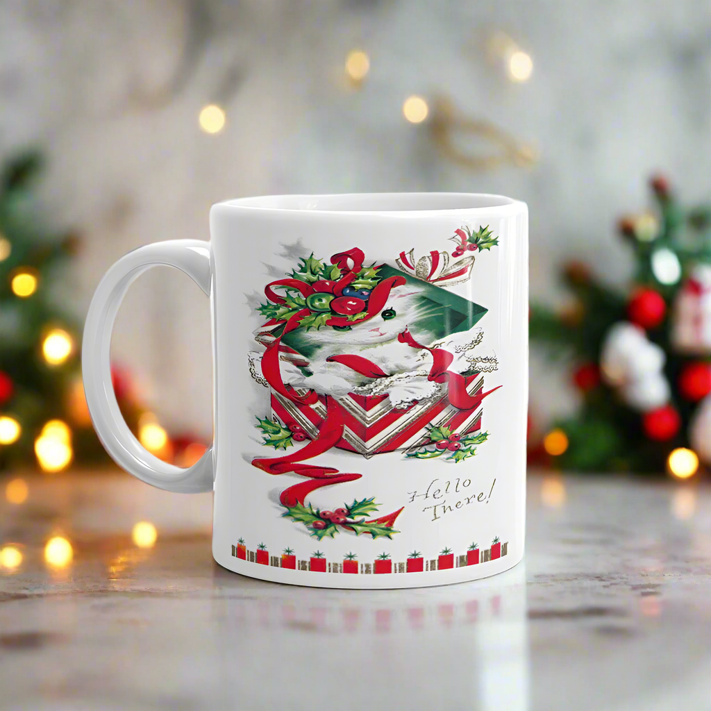 Christmas Kitten Hello There! Midcentury Retro Glossy Coffee Mug