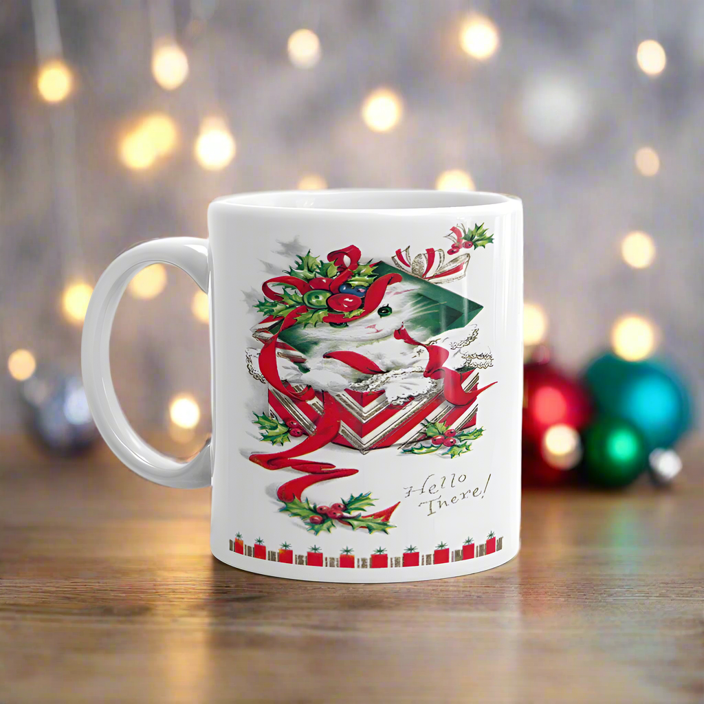 Christmas Kitten Hello There! Midcentury Retro Glossy Coffee Mug