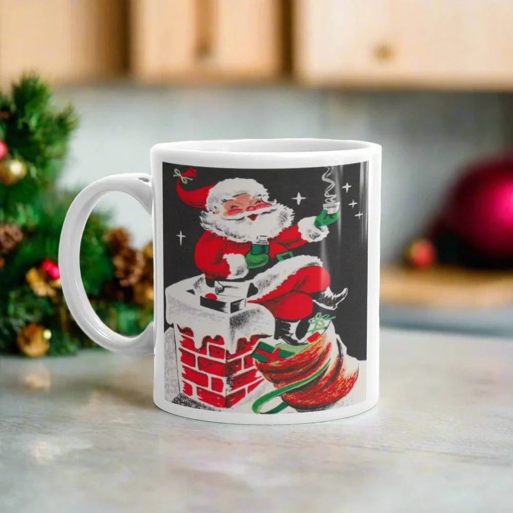 Santa On Chimney Mid Century Retro Christmas Print Glossy Mug