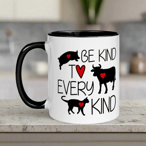 Be Kind To Every Kind Vegan Black Lined Glossy Mug