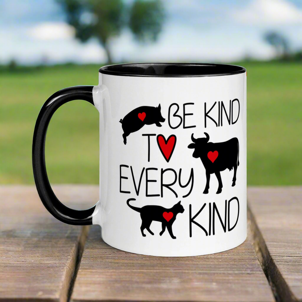 Be Kind To Every Kind Vegan Black Lined Glossy Mug