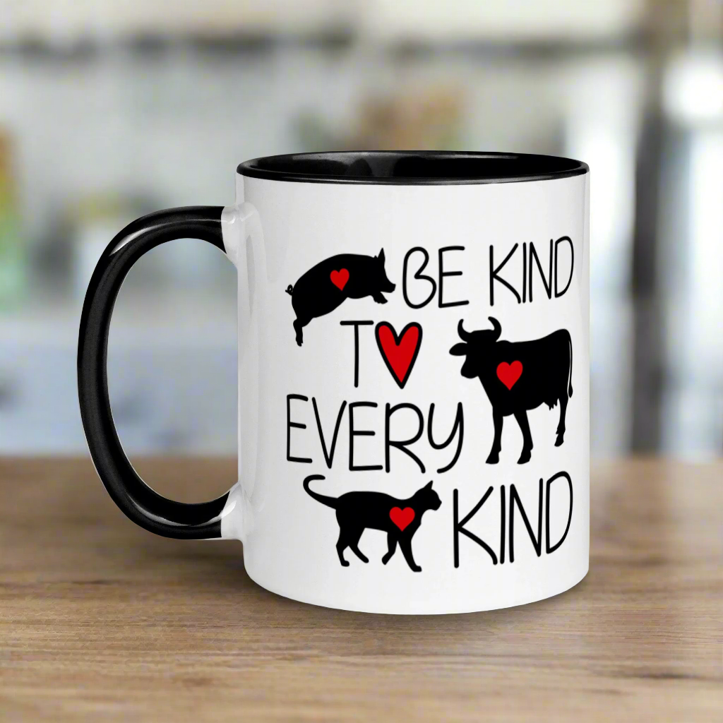 Be Kind To Every Kind Vegan Black Lined Glossy Mug