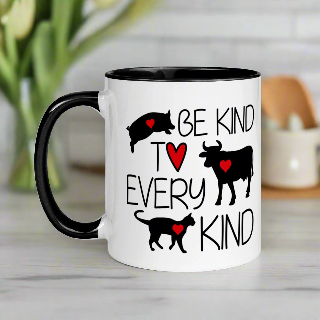 Be Kind To Every Kind Vegan Black Lined Glossy Mug