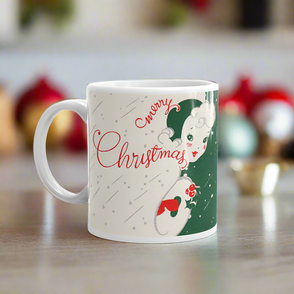 Merry Christmas Lady Mid Century Retro Christmas Print Glossy Mug