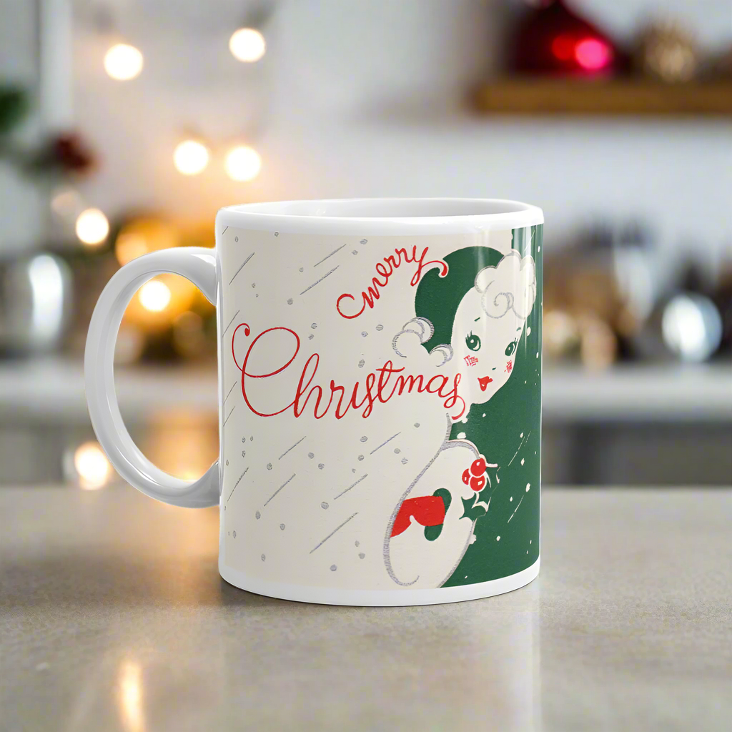 Merry Christmas Lady Mid Century Retro Christmas Print Glossy Mug