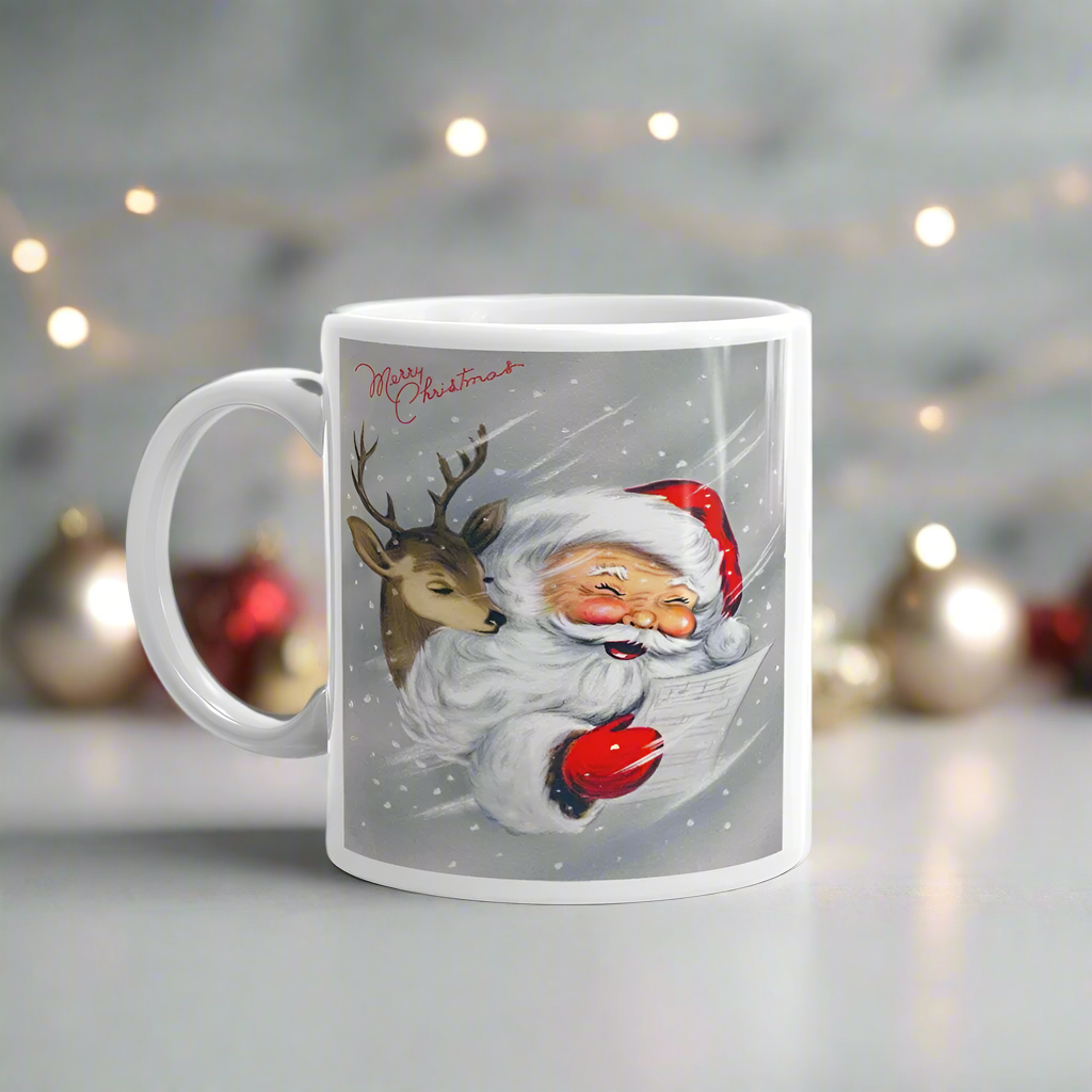 Santa With Reindeer Merry Christmas Midcentury Retro Glossy Coffee Mug