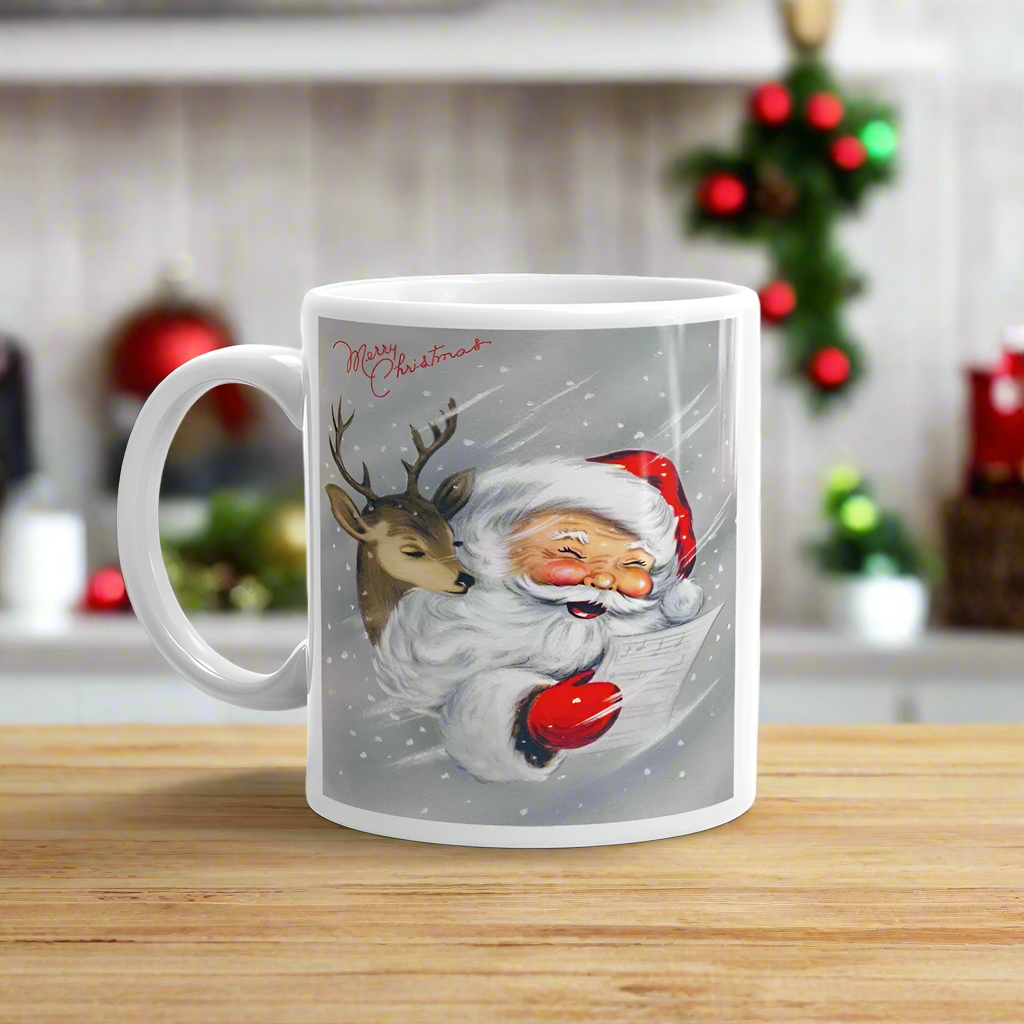 Santa With Reindeer Merry Christmas Midcentury Retro Glossy Coffee Mug