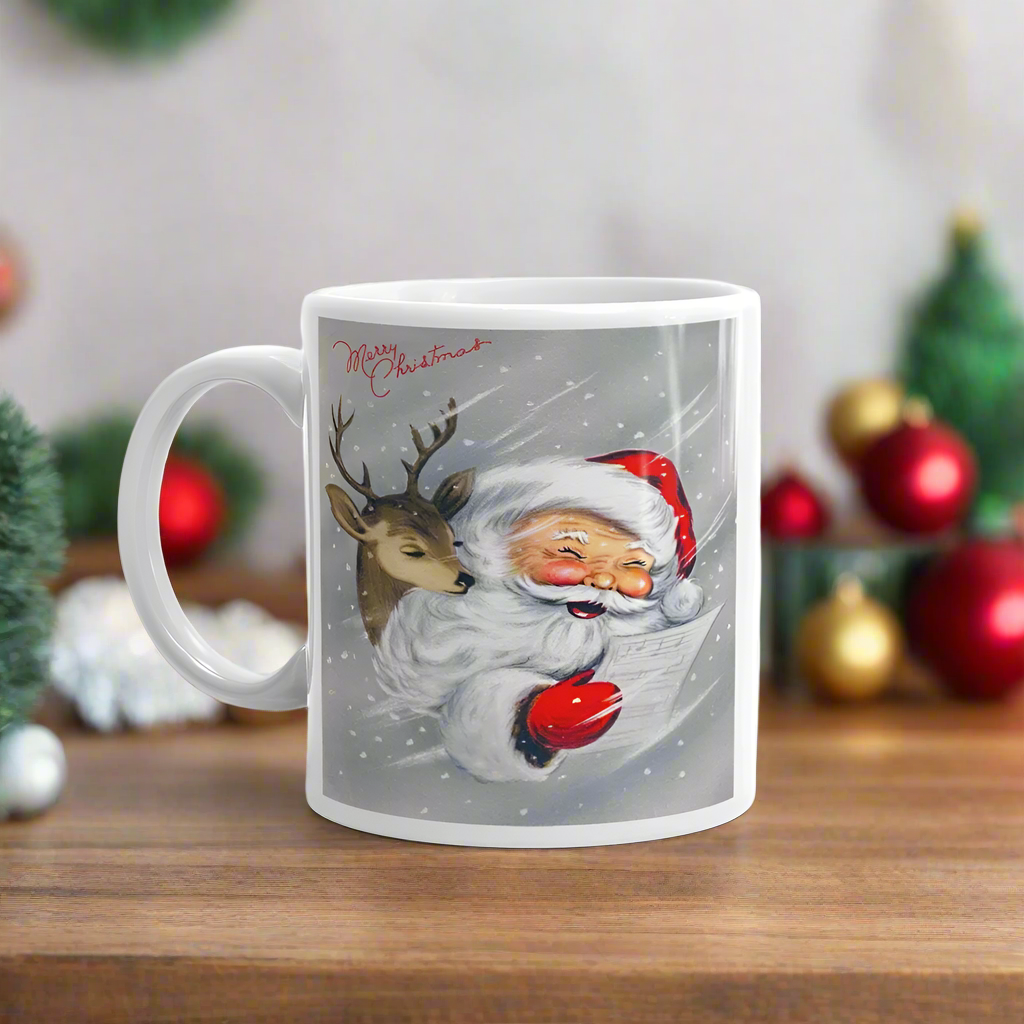Santa With Reindeer Merry Christmas Midcentury Retro Glossy Coffee Mug