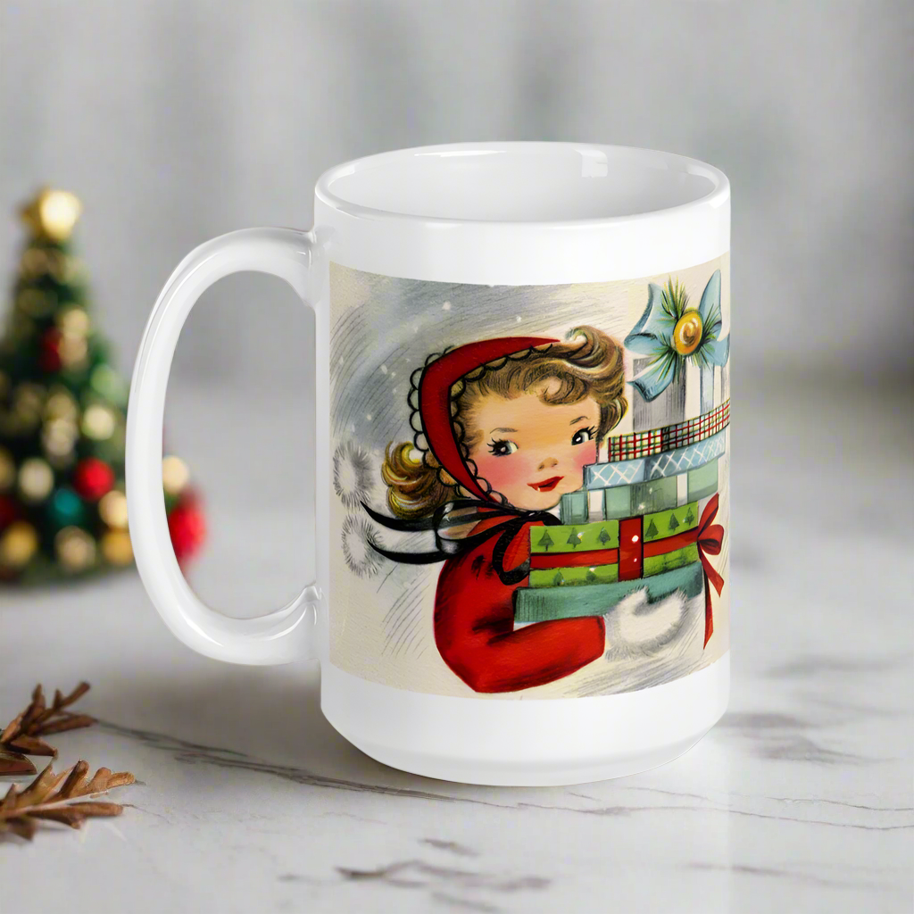 Retro Christmas Lady With Gifts Mid Century Retro Christmas Print White Glossy Coffee Mug