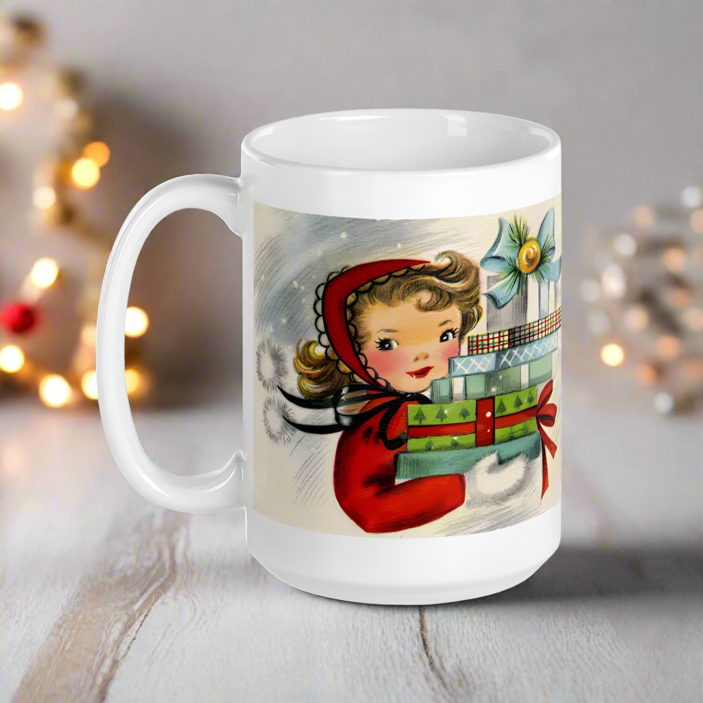 Retro Christmas Lady With Gifts Mid Century Retro Christmas Print White Glossy Coffee Mug