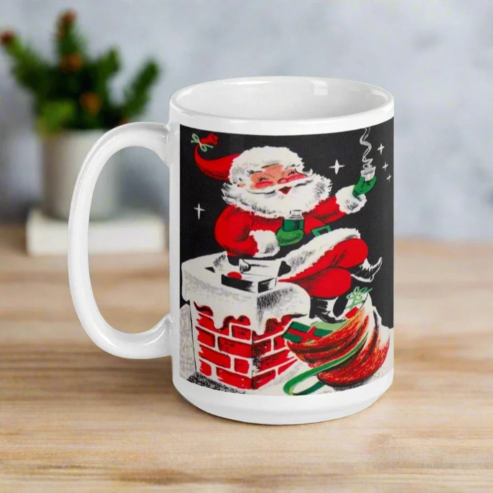 Santa On Chimney Mid Century Retro Christmas Print Glossy Mug