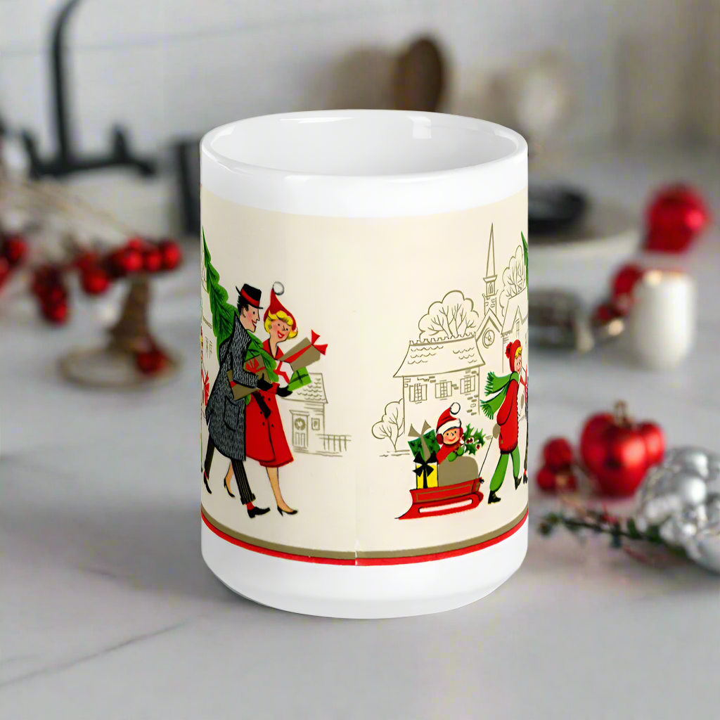 Family Christmas With Tree Mid Century Retro Christmas Print Glossy Mug