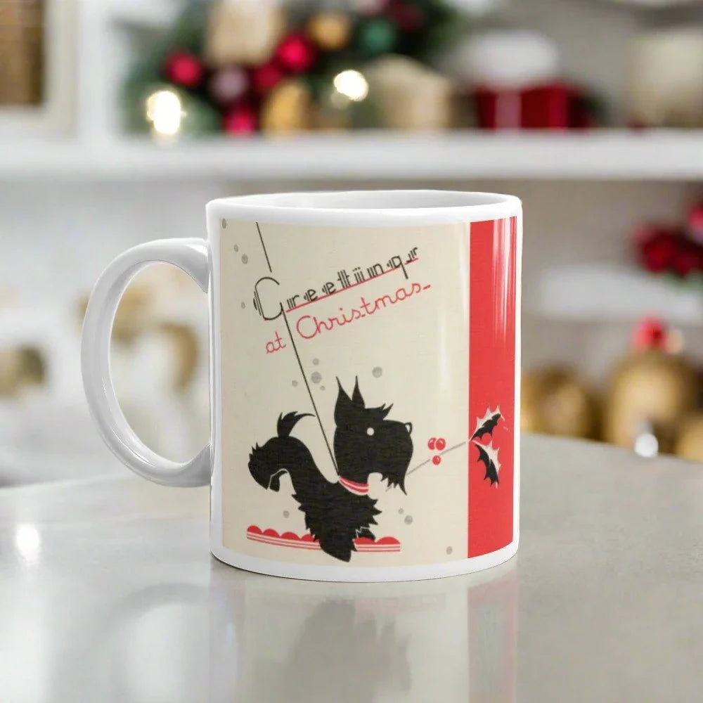 Greetings At Christmas Black Scottie Midcentury Christmas Coffee Mug