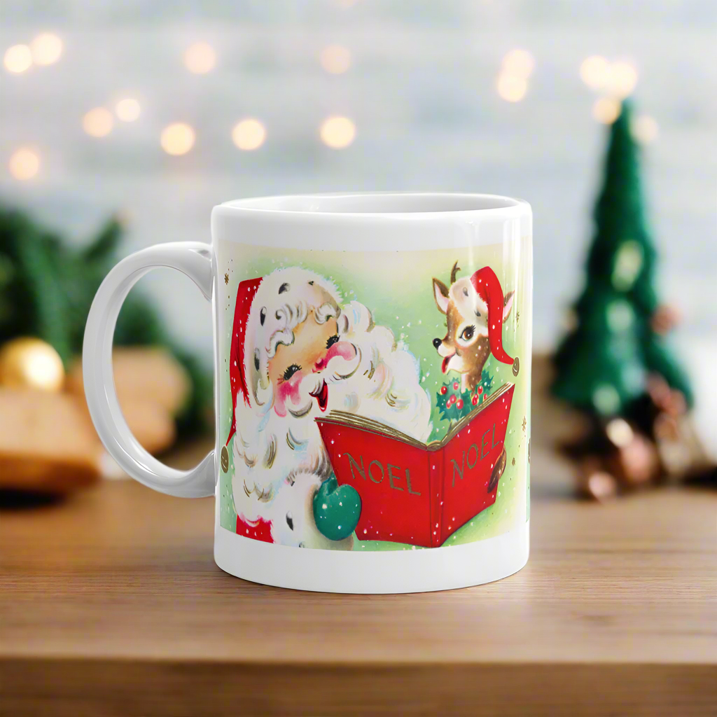 Santa Reindeer Noel Book Retro Christmas Glossy Coffee Mug