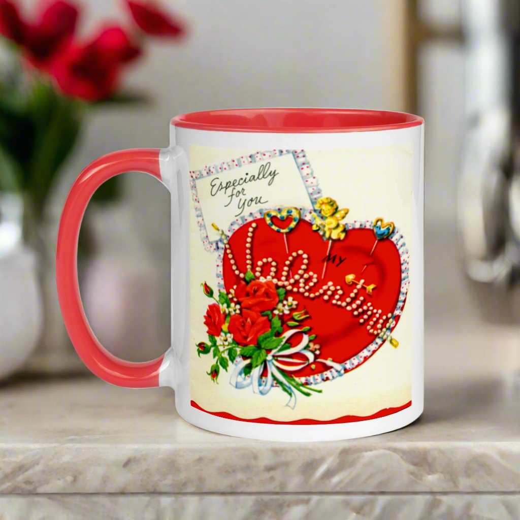 Especially For You Valentine Lined Red Retro Valentine Print Glossy Mug